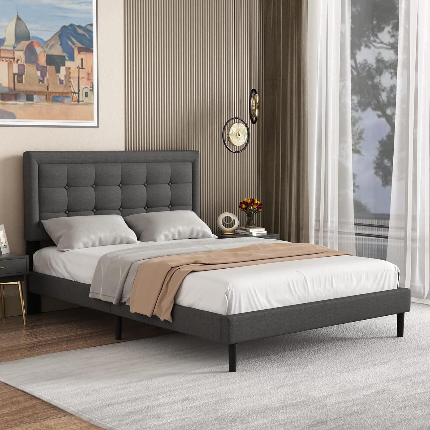Lijimei Full Size Bed Frame with Button Headboard, Platform Upholstered in Linen Fabric,Mattress Foundation with Wooden Slats Support, Easy Assembly, No Box Spring Needed, Dark Gray