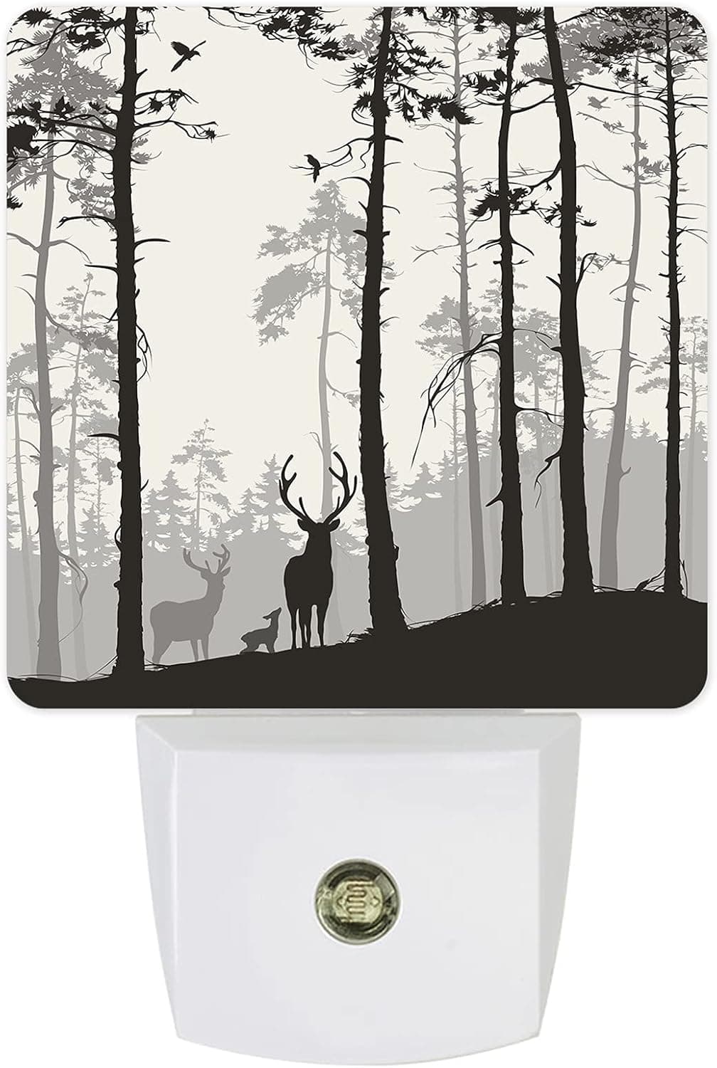 Plug in Night Light Deer Pine Tree Black Sihouettes Wall Light with LED, Foggy Brown Beige Forest Bright Decor Square Night Lights for Bathroom, Bedroom, Babyroom, Corridor, Living Room