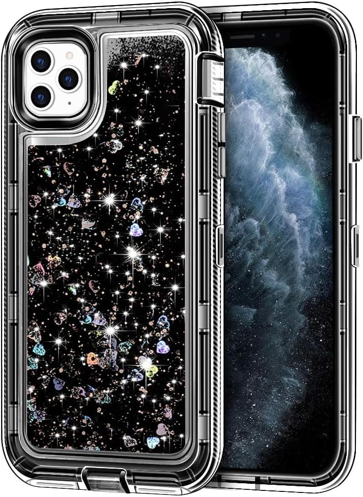 Anuck Case for iPhone 11 Pro Max Case (6.5 inch), 3 in 1 Hybrid Heavy Duty Defender Armor Sparkly Floating Liquid Glitter Protective Hard Shell Shockproof Anti-Slip TPU Bumper Cover - Black