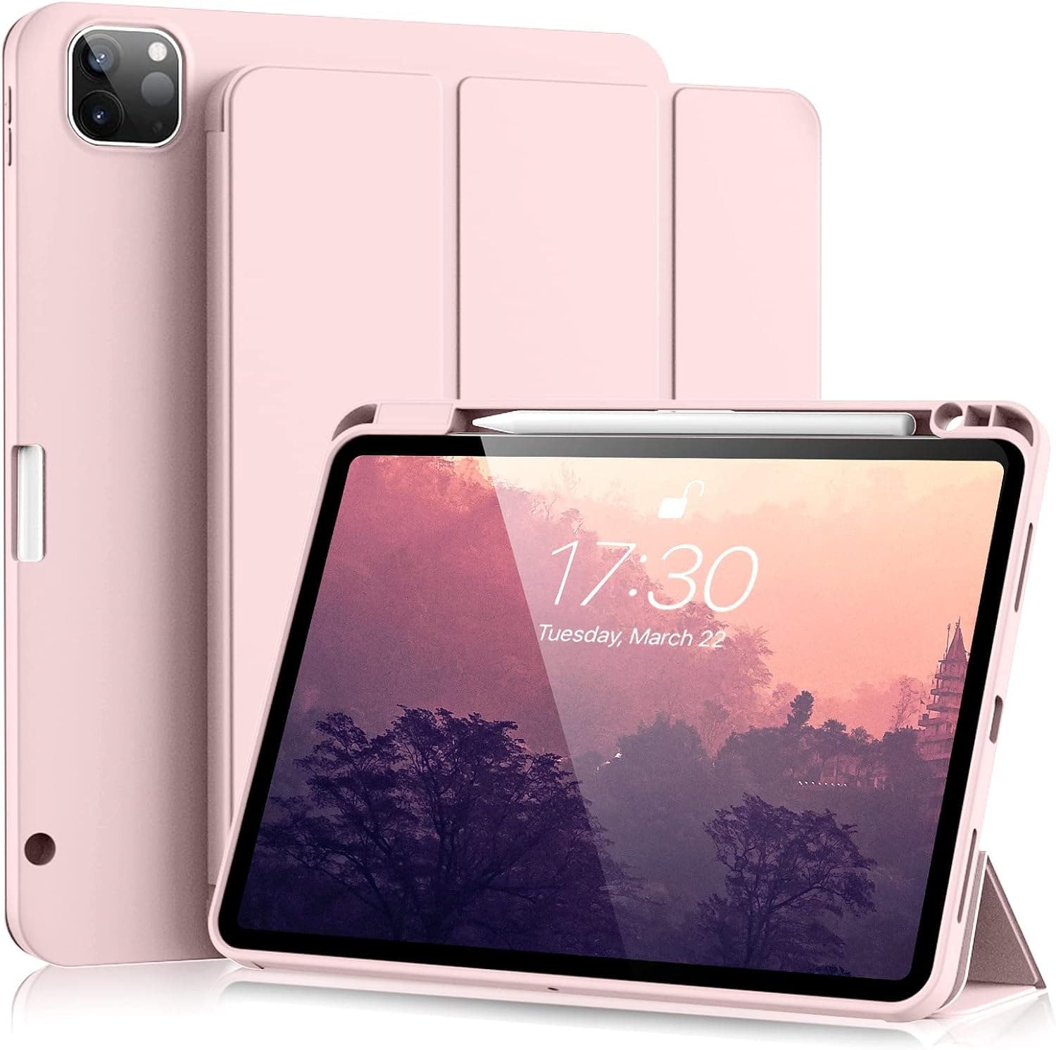 Aoub New iPad Pro 11 Inch Case 2022(4th Gen)/2021(3rd Gen)/2020(2nd Gen) with Pencil Holder [Support 2nd Gen Pencil Charging] Trifold Stand Case with Soft TPU Back Cover, Auto Sleep/Wake, Pink