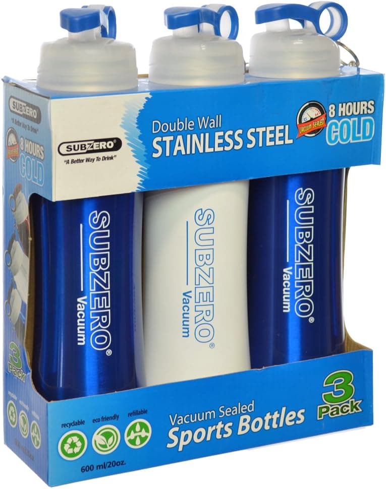 Subzero Sports Bottles Double Wall Stainless Steel Vacuum Sealed 20 Oz. Each, Pack of 3 (Colors may Vary)
