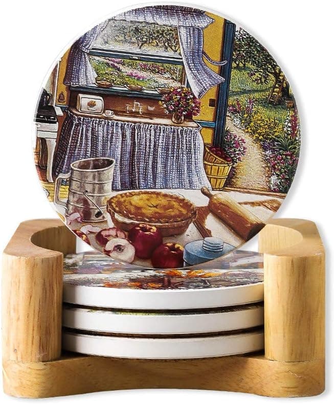 YOLIFE Decorative Coasters Set, Ceramic Absorbent Drink Coasters for Glass, Cups, Mugs on Table and Desk,Farmhouse Cosaters Set of 4 with Holder