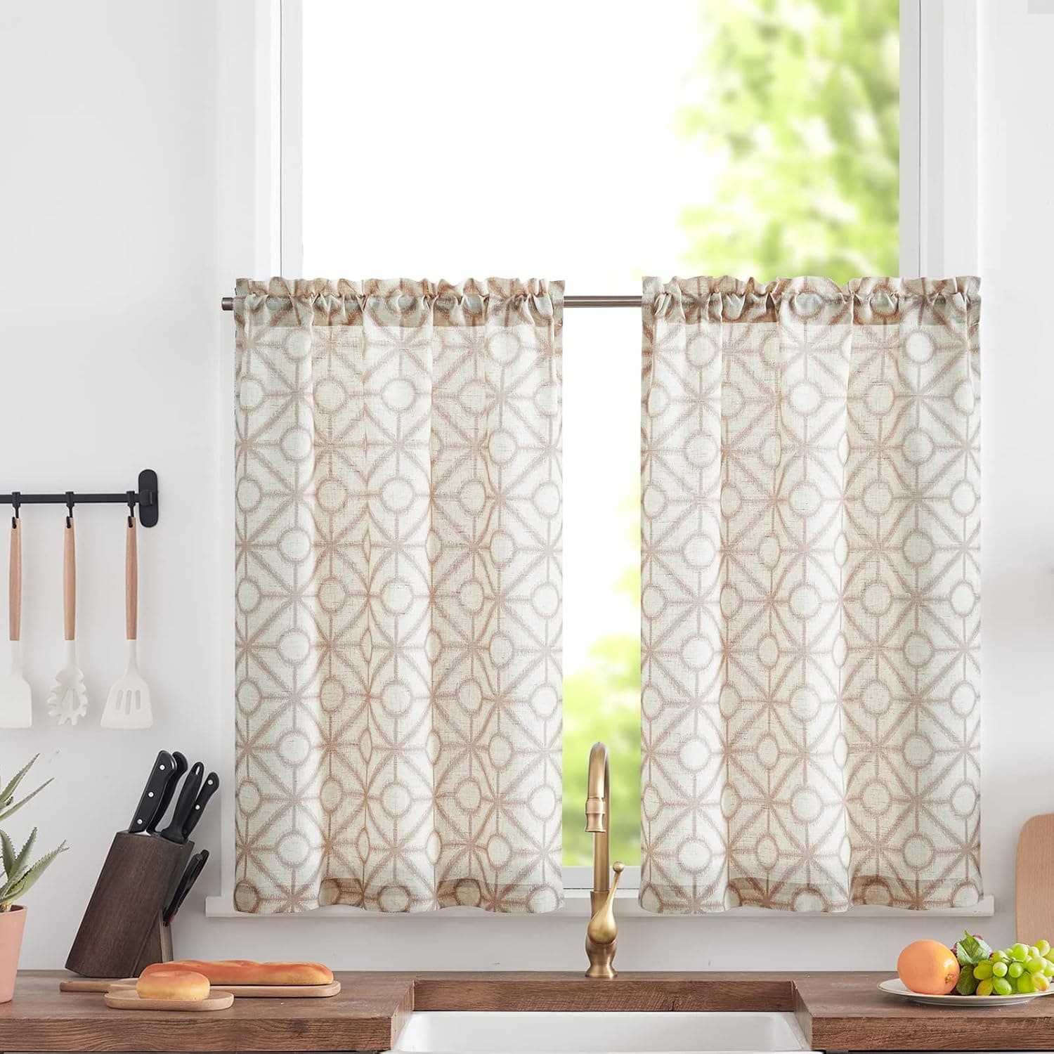 JINCHAN Linen Kitchen Curtains Geometric Tier Curtains 24 Inch Tile Print Cafe Curtains Light Filtering Small Window Curtains Rod Pocket Rustic Neutral Flax for Laundry Room Bathroom RV 2 Panels Taupe