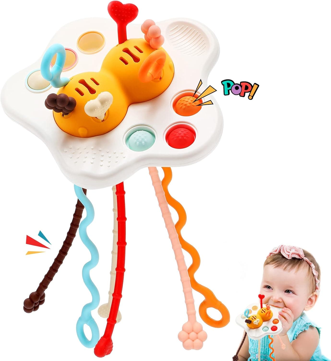 Vrbort Sensory Baby Toys, Silicone Pull String Toy for Toddlers, 1-3 Years Old Baby Travel and Teething Toys, Honeybee Montessori Toys for Babies 6-12 Months, Gift for Kids