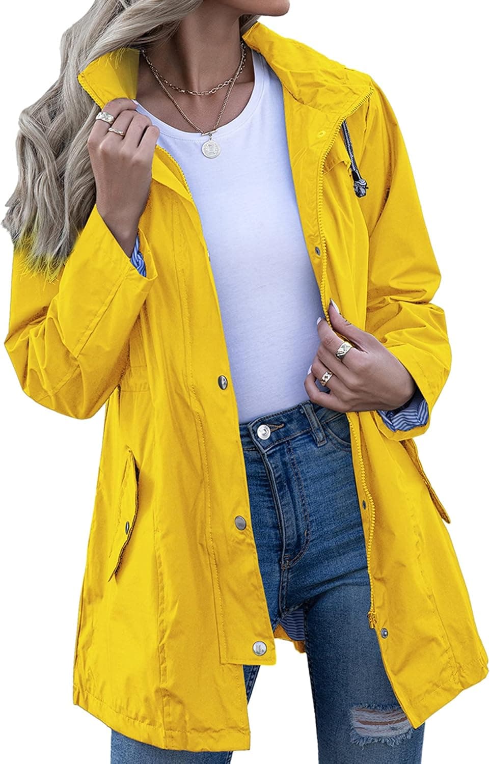 Kikibell Rain Jacket Women Striped Lined Hooded Lightweight Raincoat Outdoor Waterproof Windbreaker