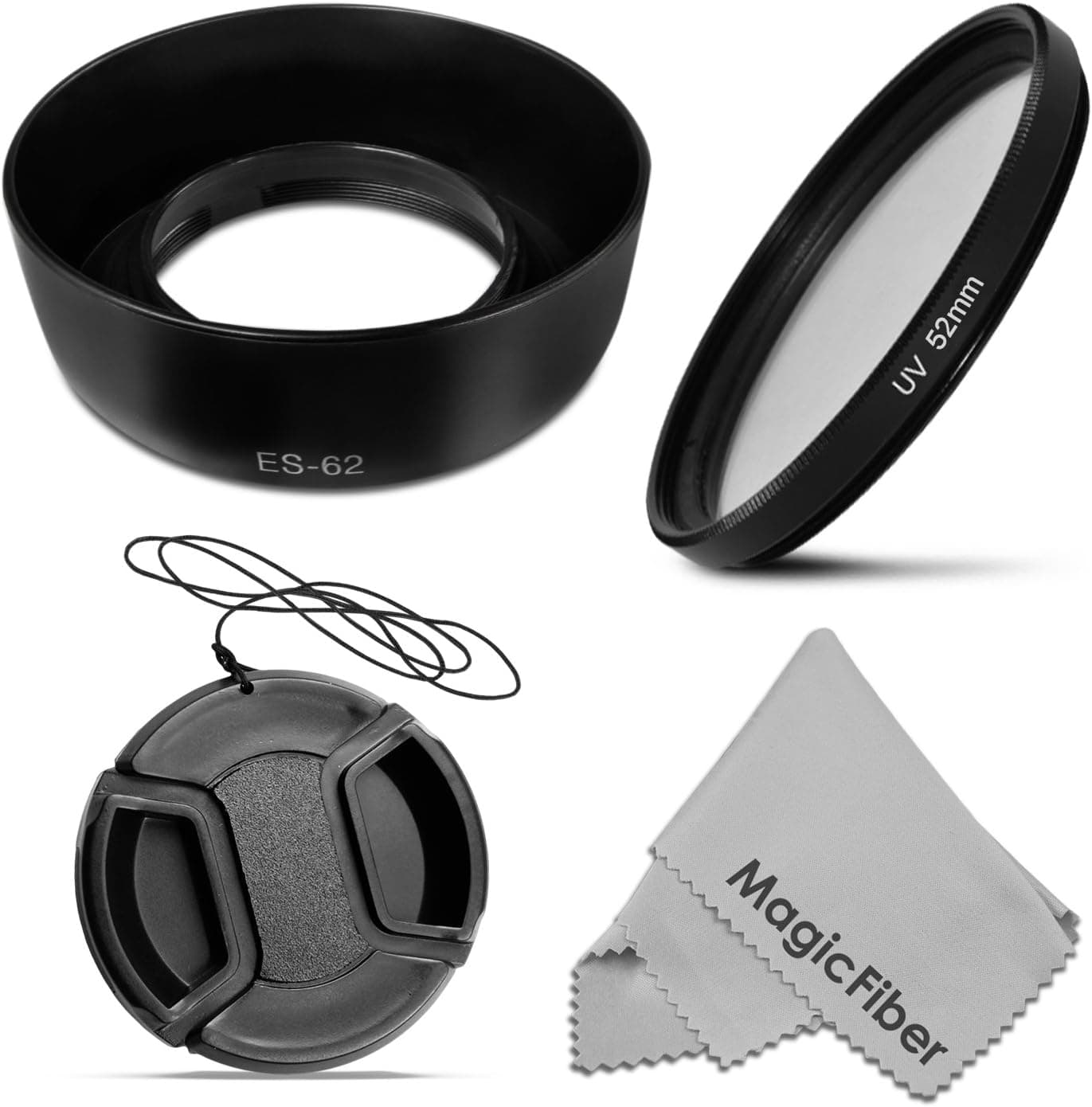 52MM ES-62 Dedicated Lens Hood for Canon EF 50mm f/1.8 II Camera Lens (Canon ES-62 Replacement) + Ultraviolet UV Protection Filter + Center Pinch Lens Cap + MagicFiber Microfiber Lens Cleaning Cloth