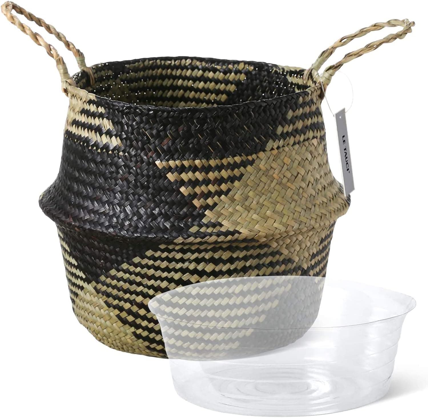 LE TAUCI Plant Basket, Woven Seagrass Belly Baskets Indoor for Pot, Home Boho Decor, Storage Laundry Picnic Grocery Straw Bag for ZZ Plant Artificial Tree (Large - 10.2 inches, Black Block)