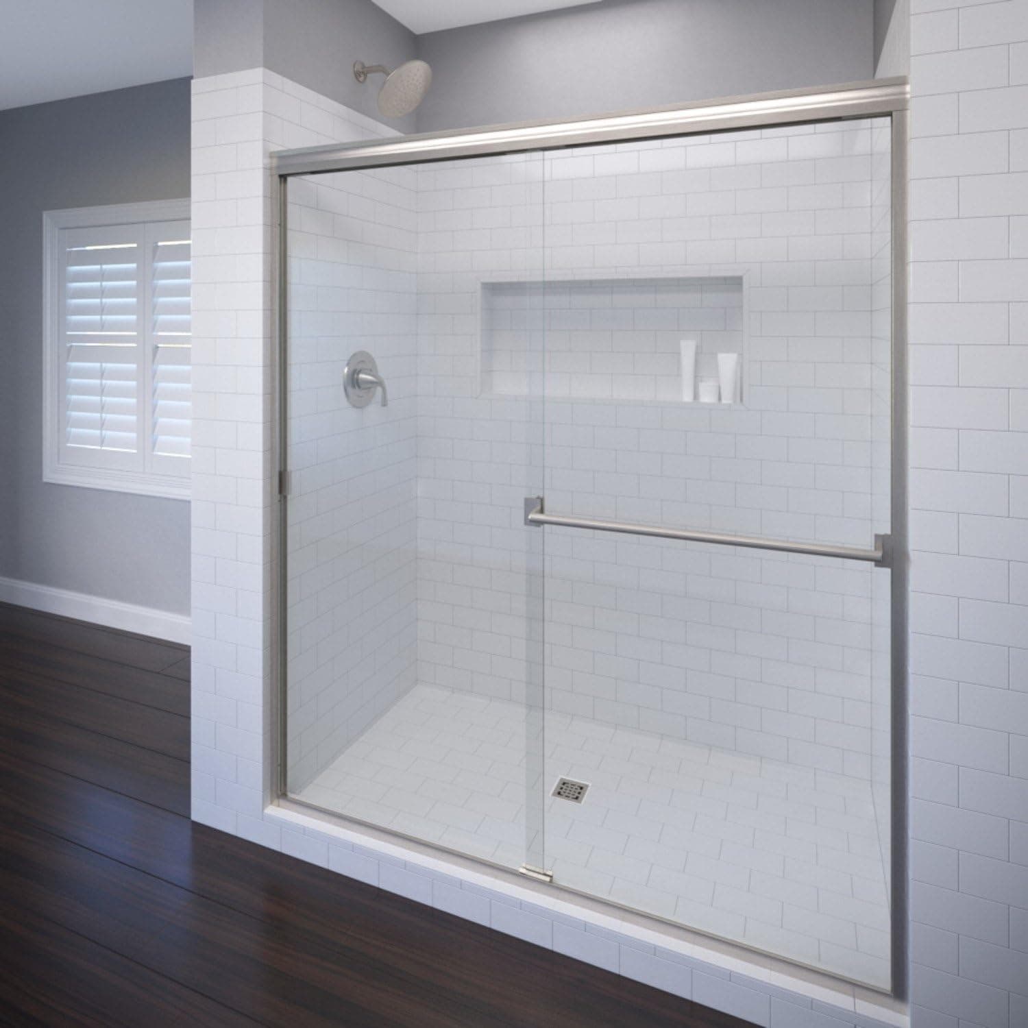 Basco Shower Door Classic 56- 60 in. Frameless Sliding Glass Door 70 in. height, Clear Glass, Brushed Nickel