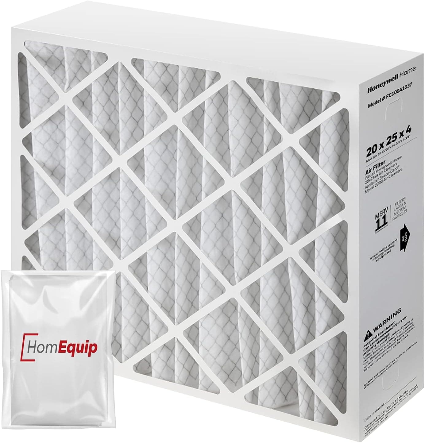 Honeywell 20x25x4 AC Furnace Air Filter, FC100A1037 Filter Replacement, Merv 11 Filter Media with Homequip Disposal Bag 1-Pack (Actual Size: 19.94 x 24.86 x 4.38 Inches)