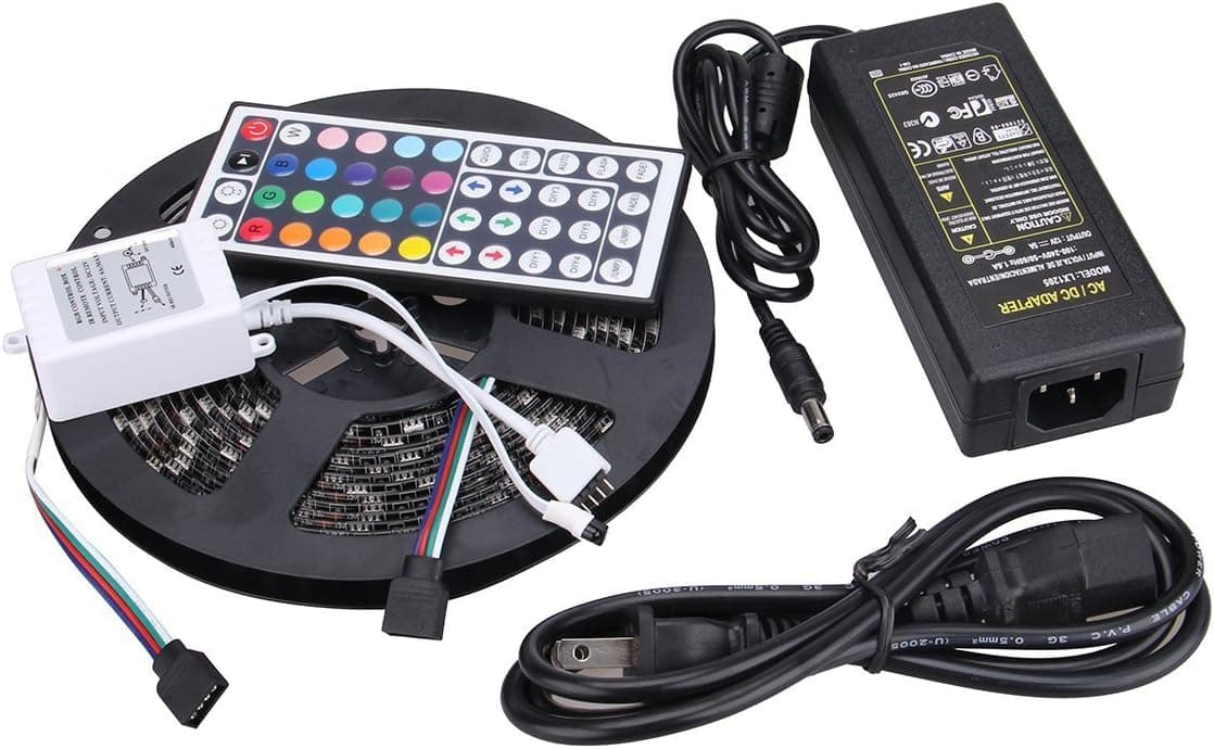 XKTTSUEERCRR 5M/16.4Ft, 5050 SMD Black PCB 300 LED, Waterproof Flexible RGB Color Changing LED Light Strip For House Garden Decoration + 44 Key Remote Controller + 12V 5A Power Supply