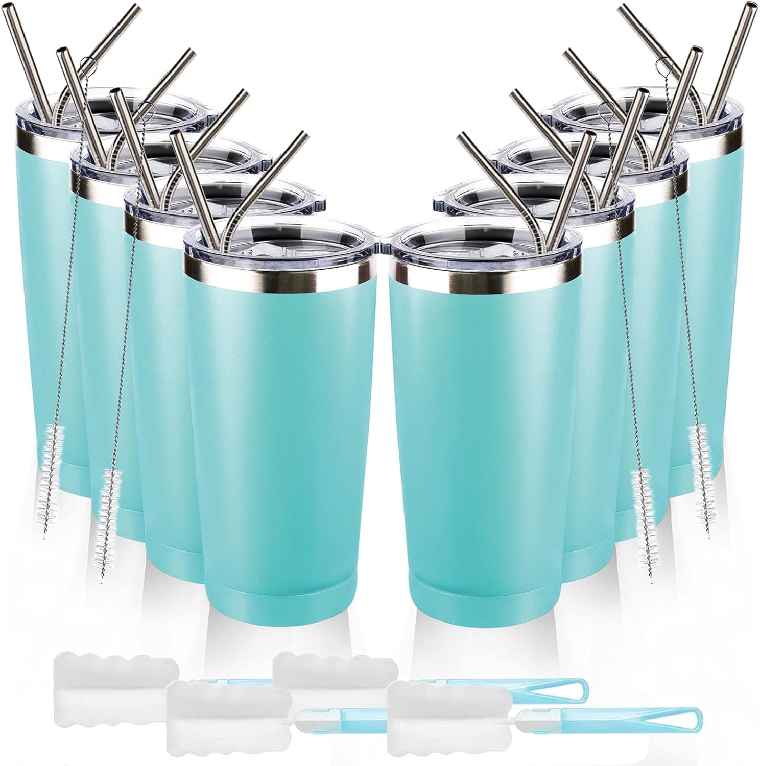 Sangyn 8 Pack 20oz Travel Tumblers Mug Stainless Steel Vacuum Insulated Double Wall Cooler Tumbler with Splash Proof Sliding Lid Straw and Cleaning Brush