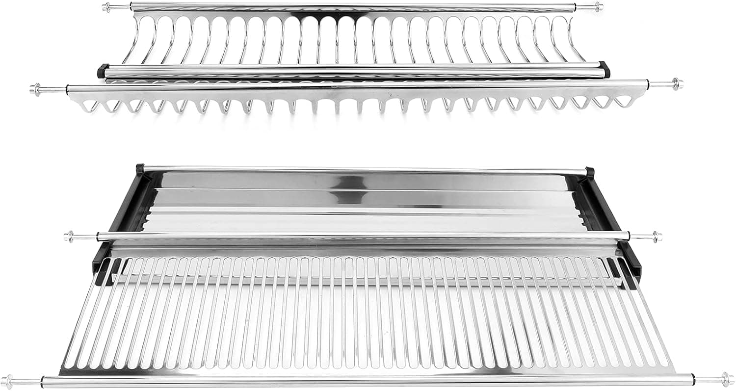 Ejoyous Kitchen Under Cabinet Dish Drying Rack, Double Layer Stainless Steel Pull Out Dish Drainer Under Sink Storage Shelf Organizer Utensil Holder for Kitchen Closet Cabinet Cupboard(27.4in Width)