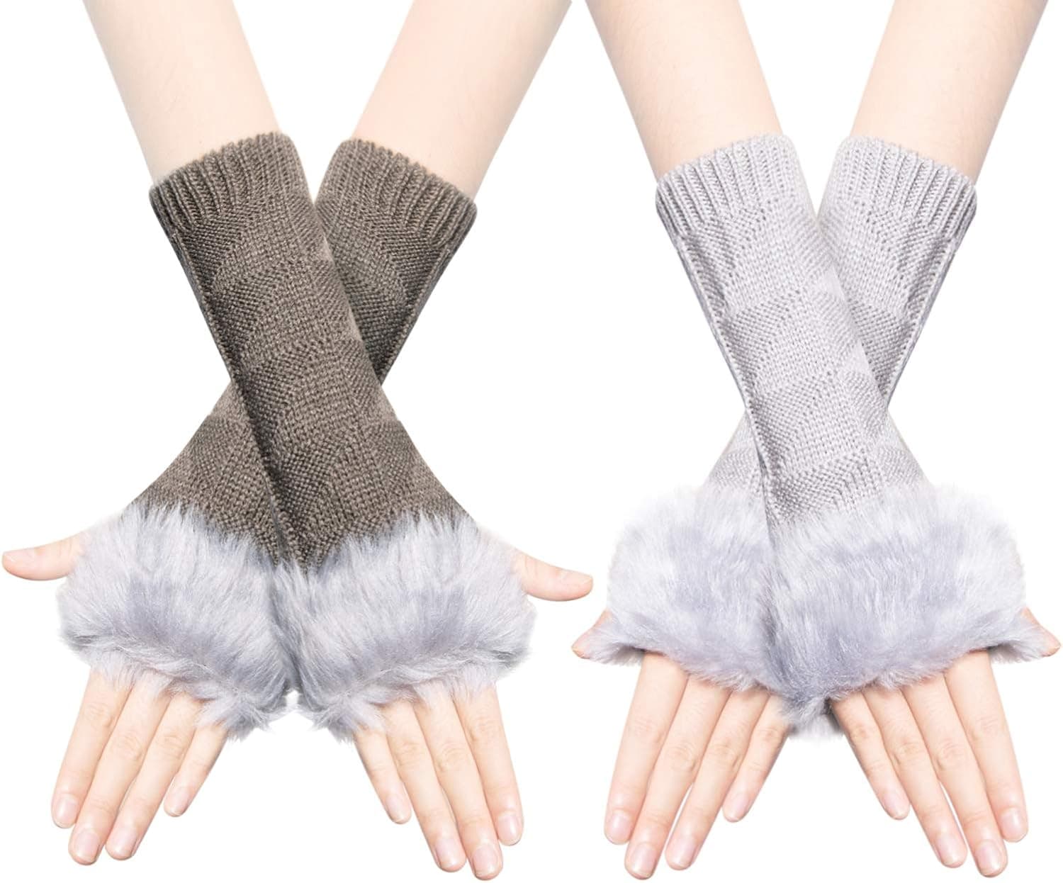 2 Pairs Womens Winter Fingerless Gloves, Crochet Knit and Faux Fur Arm Warmers