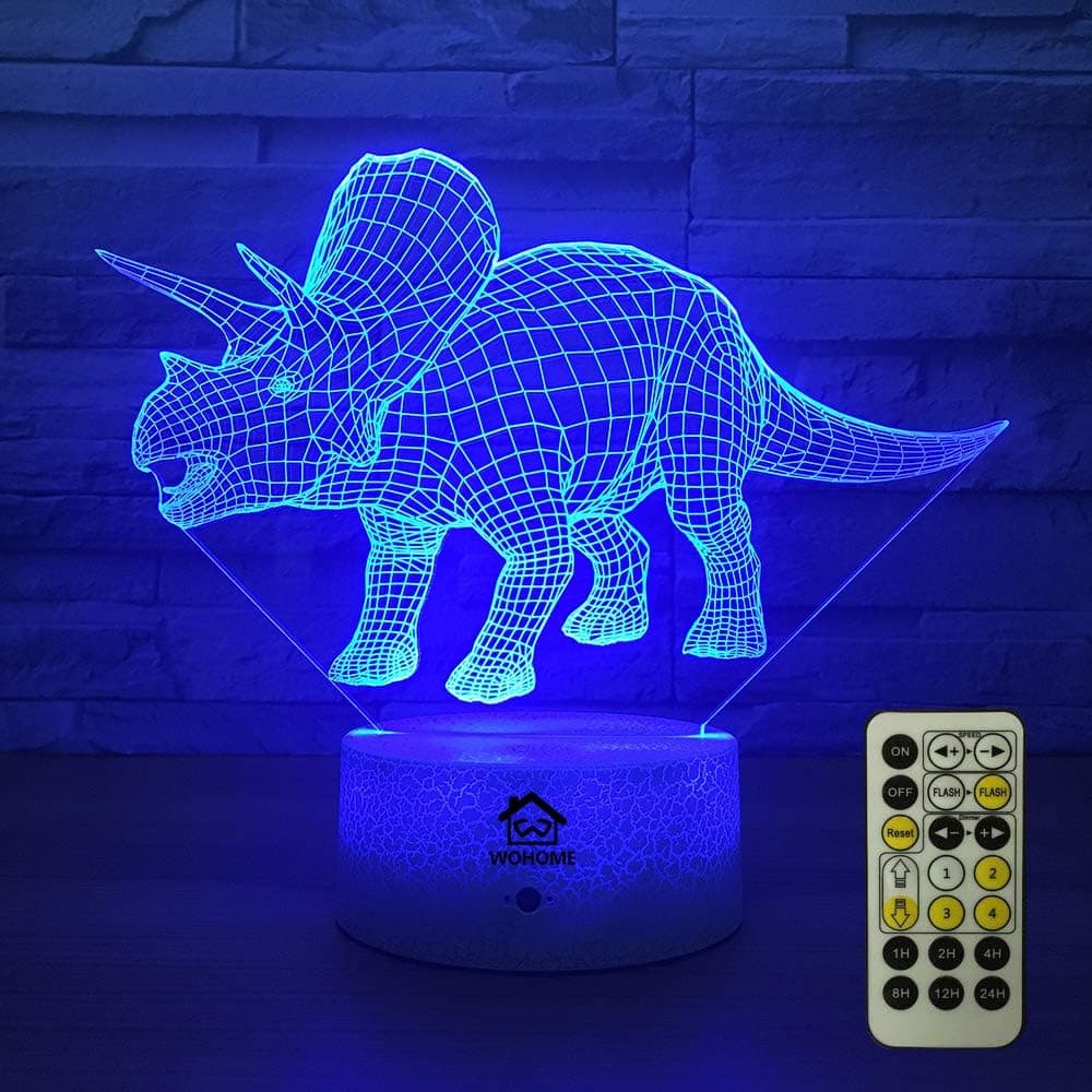 3D Night Lights for Kids, WOHOME Baby Bedside Lamp 7 Colors Changing Touch Switch Remote Control with Remote, Optical Illusion Night Lights Birthday Gifts for Girls Kids Baby Boys(Triceratops)