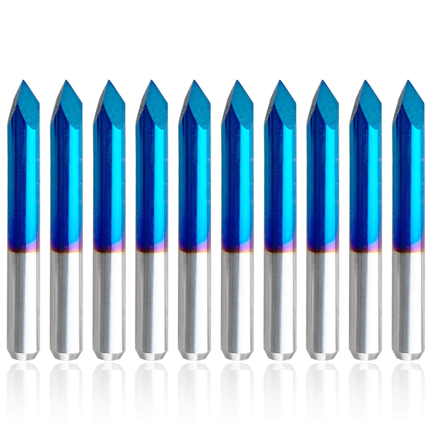 10pcs Triangular CNC Router Bits V-Bit, 60 Degree 0.1mm Engraving Bits, 1/8” Shank Nano Blue Coating Sharp Pyramid Bits for Acrylic Wood MDF Aluminum Lettering Sign Making