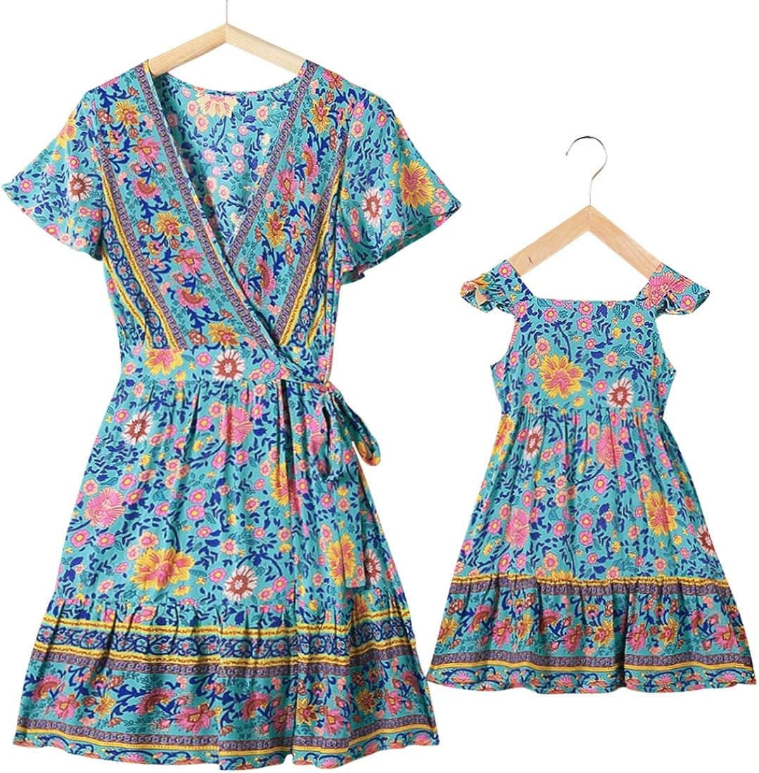 PopReal Mommy and Me Dresses Boho Casual Maxi Dress Summer Short Dress V Neck Wrap Floral Print Short Sleeve