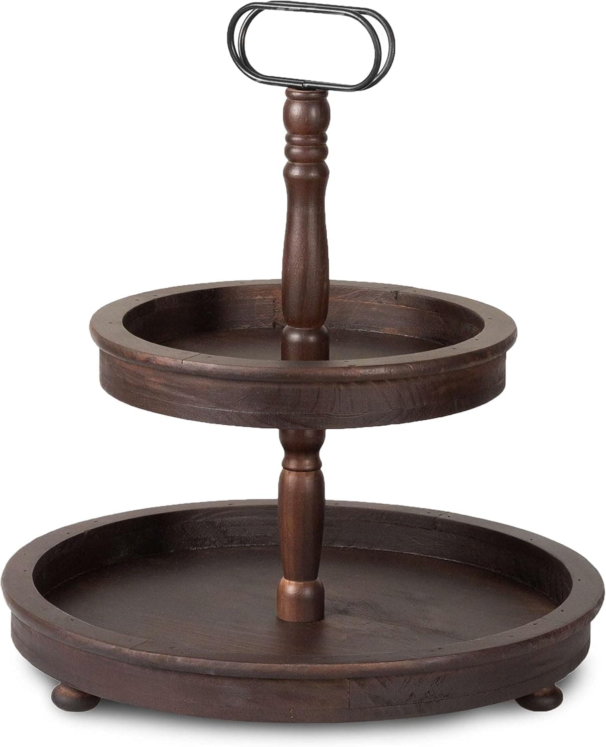 Ilyapa Decorative Farmhouse Tiered Serving Tray Stand - 2 Tier Rustic Wooden Serving Stand with Handle - Espresso, 16” x 14.5” x 14.5”