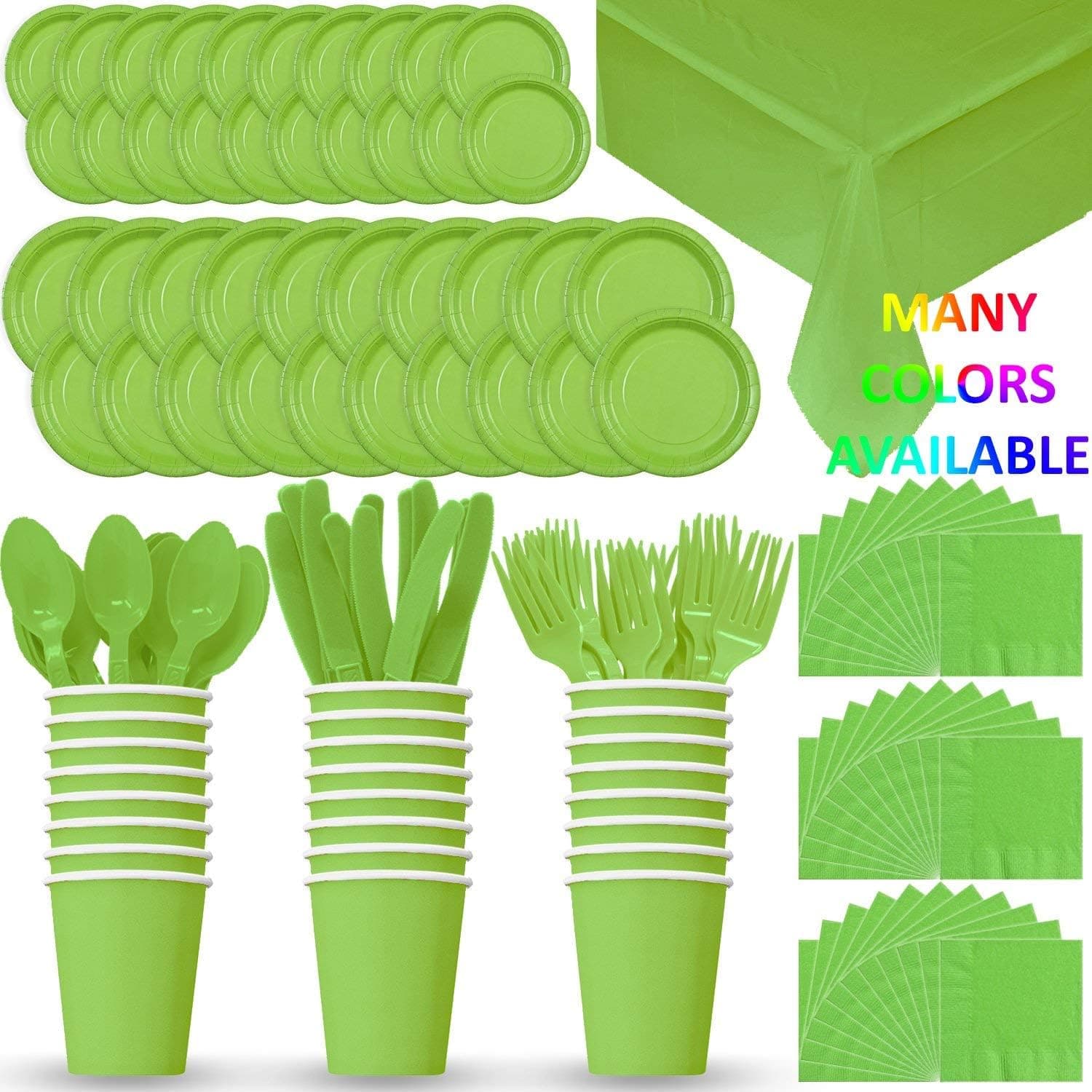 HeroFiber Disposable Paper Dinnerware for 24 - Lime Green - 2 Size Plates, Cups, Napkins , Cutlery (Spoons, Forks, Knives), and tablecovers - Full Party Supply Pack