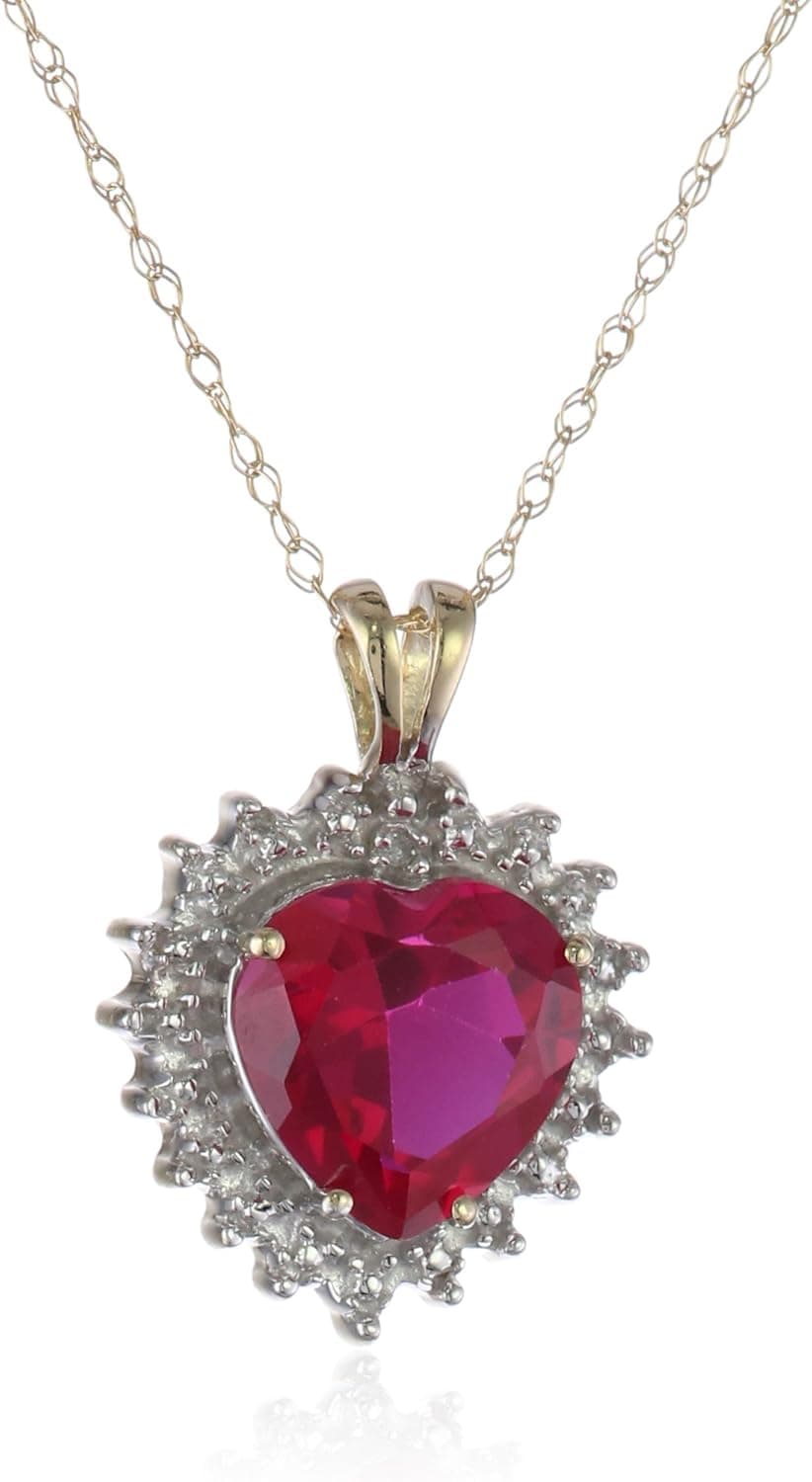 Amazon Collection 10k Yellow Gold Created Ruby Heart with Diamond Accent Pendant Necklace, 18"