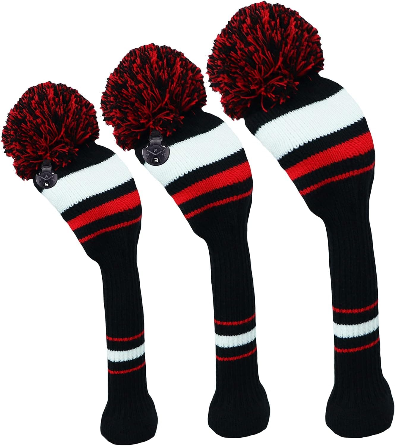 Golf Club Head Covers Knit for Woods Driver Fairway Hybrid Head Cover Knitted Pom Pom Stripes Pattern for Main Wood Clubs