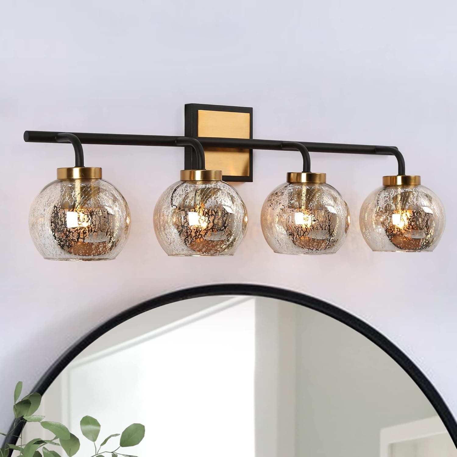 Durent Lighting Gold Bathroom Light Fixtures, Modern 4 Light Bathroom Vanity Lights Over Mirror with Seeded Glass Shades