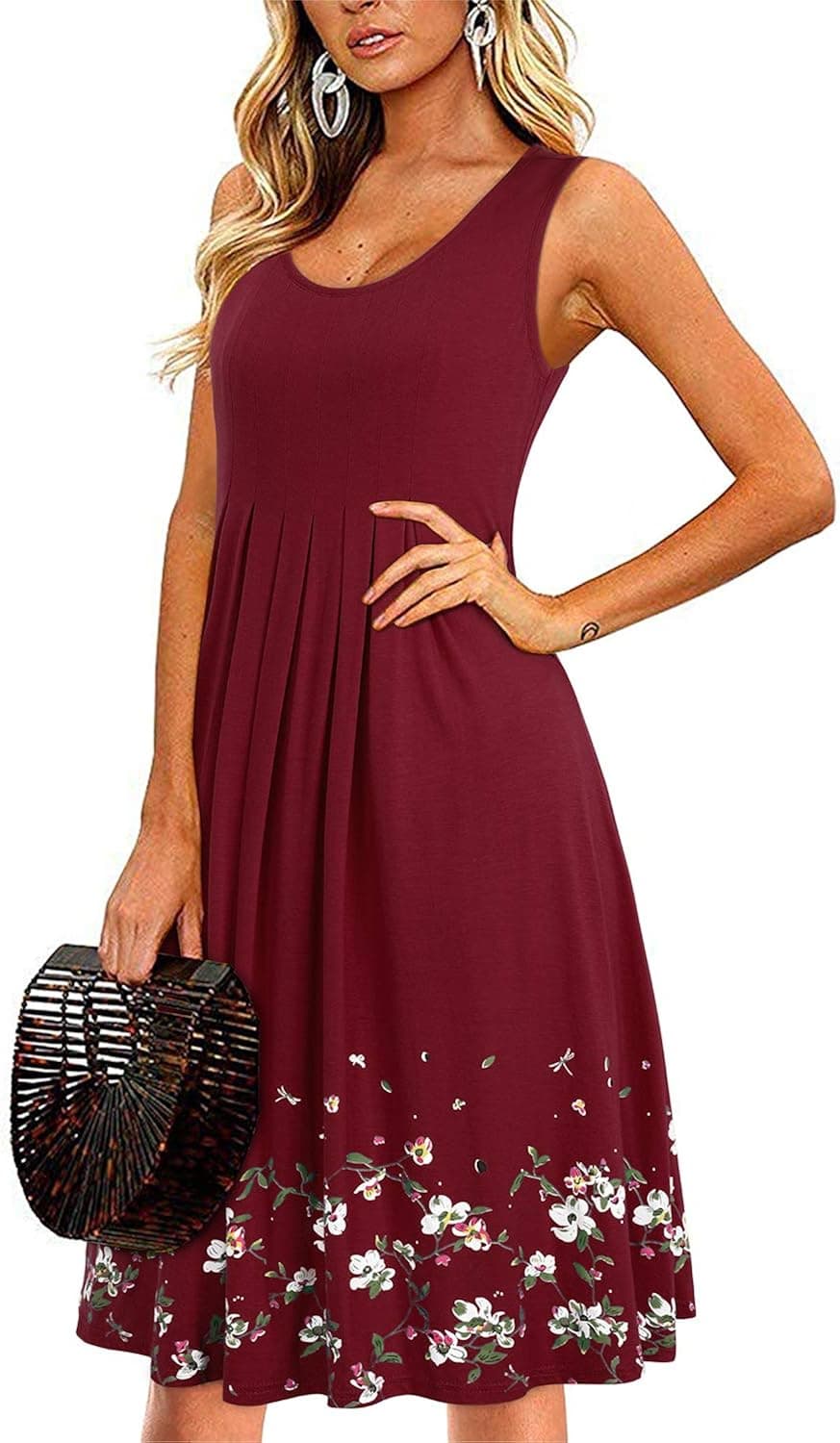 KILIG Women 2023 Summer Casual Loose Floral Print Pleated Sleeveless Midi Vest Sun Dresses for Beach Wedding Party