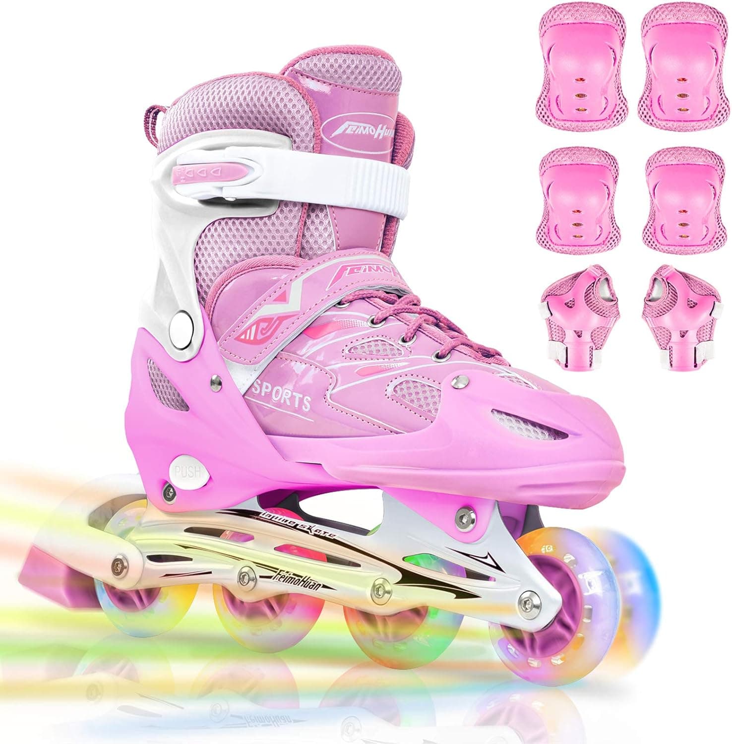 CaptainC Adjustable Inline Skates for Kids,Safe and Durable Roller Skates for Boys and Girls with Breathable Mesh Skates (Pink, Small)
