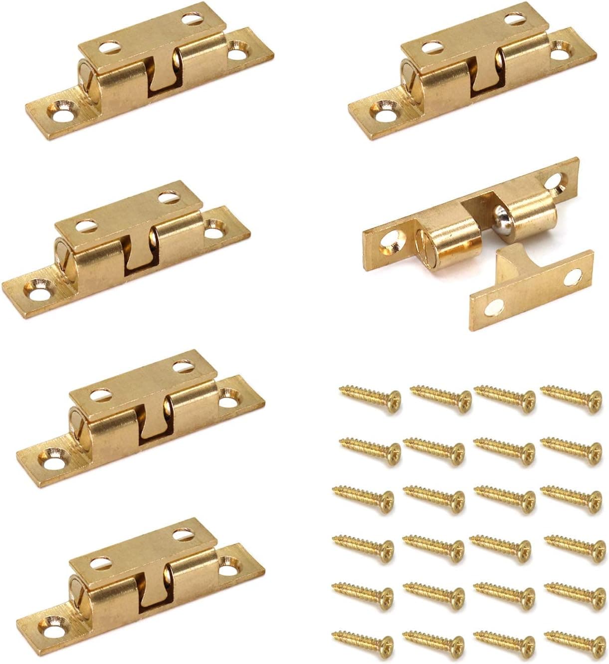 50MM Ball Catch Omitfu Set of 6 Solid Brass Adjustable Double Ball Tension Roller Catch Latch Hardware Fitting for Cabinet Closet Furniture Door with Screws