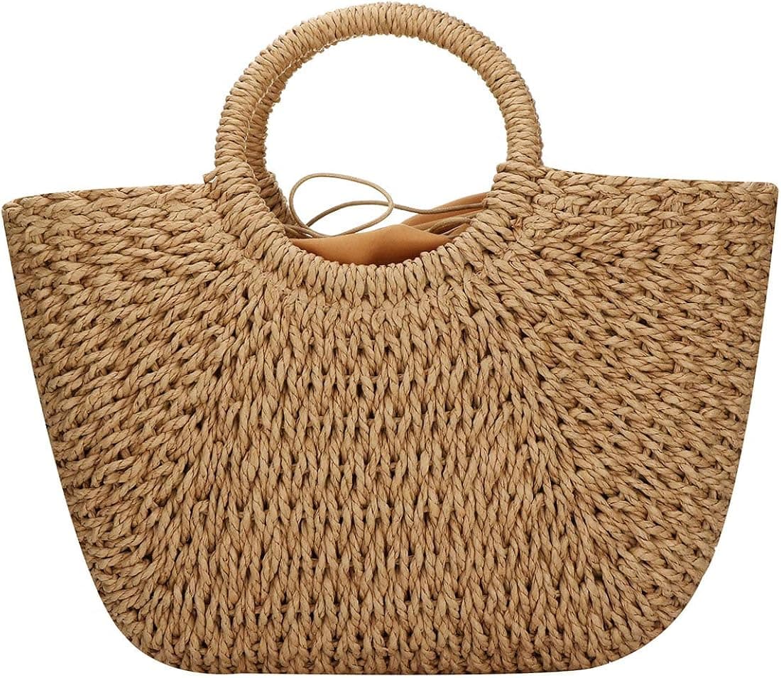 Straw Bag for Women Large Woven Bag Round Handle Ring Tote Retro Purse Hobo Summer Beach Bag