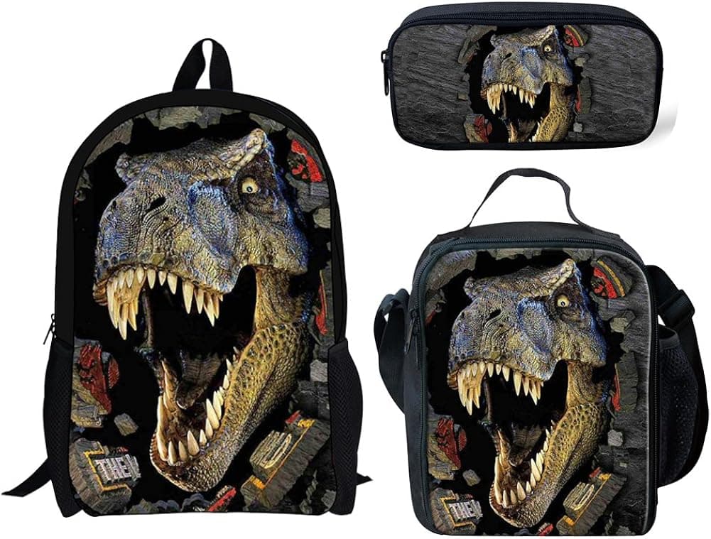 INSTANTARTS 3D T-rex Dinosaur Pattern Kids Cool School Backpack Lunch Box Bag Set Pencil Case Bookbag Set - 3 Piece