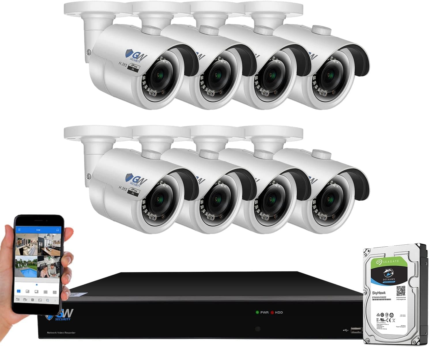 GW Security Smart AI 8 Channel H.265+ PoE NVR Ultra-HD 4K (3840x2160) Security Camera System with 8 x 4K (8MP) 2160P Face Recognition / Human / Vehicle Detection Outdoor Indoor Surveillance IP Camera