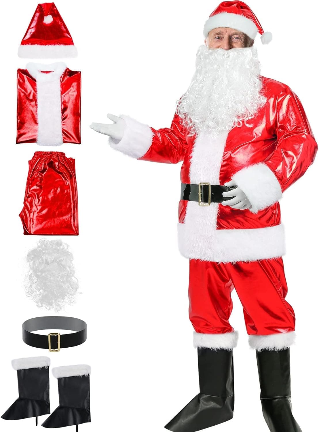 SOMOYA Santa Claus Costume Christmas Santa Suit Complete Santa Outfit with Beard for Adults Men Deluxe Shiny Metallic 6 PCS