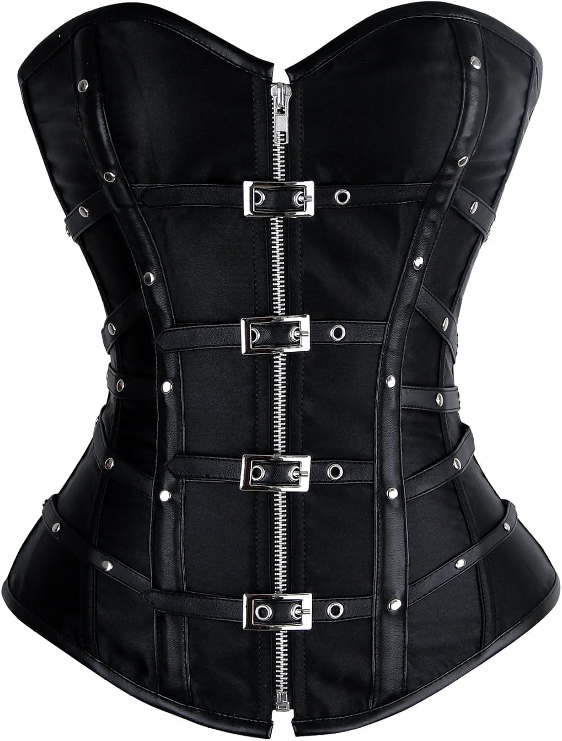 Charmian Women's Gothic Punk Satin Boned Zipper Overbust Corset Top with Buckles