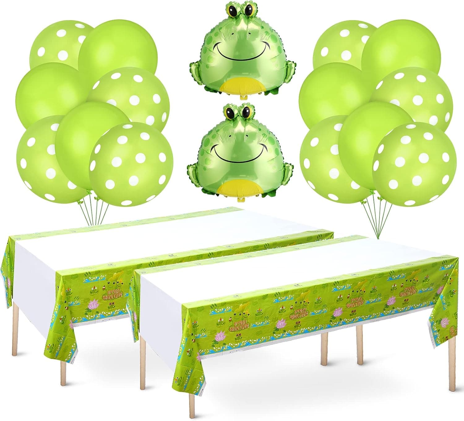 18 Pcs Frog Birthday Party Supplies Set Includes 2 Green Frog Aluminum Foil Balloons 14 Matte Latex Balloons and 2 Frog Table Cloth for Cute Cartoon Frog Themed Birthday Party Supplies (Green)