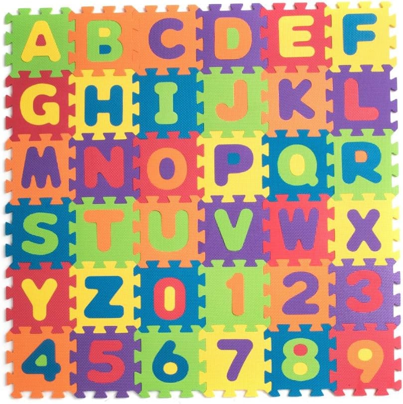 Teeny Toyz, Large Foam Puzzle Play Mat, 36 Tiles, Entire Alphabet + Numbers 0-9! Pop-Out Numbers/Letters on Every Tile, Inter-Locking Pieces, with Zippered Carry Bag