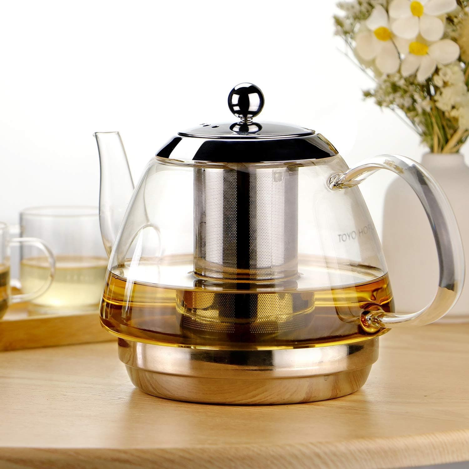 TOYO HOFU 54OZ/1600ml Clear Glass Teapot with Removable Infuser Strainer for Loose Leaf Tea,Induction Stovetop Safe Tea Pot,Heat-Resistant,Large Capacity,Christmas Gift