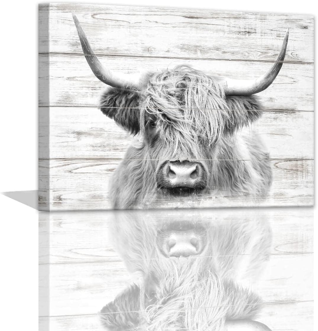 Cow Decor - Cow Pictures Wall Decor Black and White Highland Cow Wall Art for Bathroom Rustic Kitchen Wall Decor Country Kitchen Decor Home Decor Farmhouse Bathroom Picture Wall Decor Framed 12x16inch