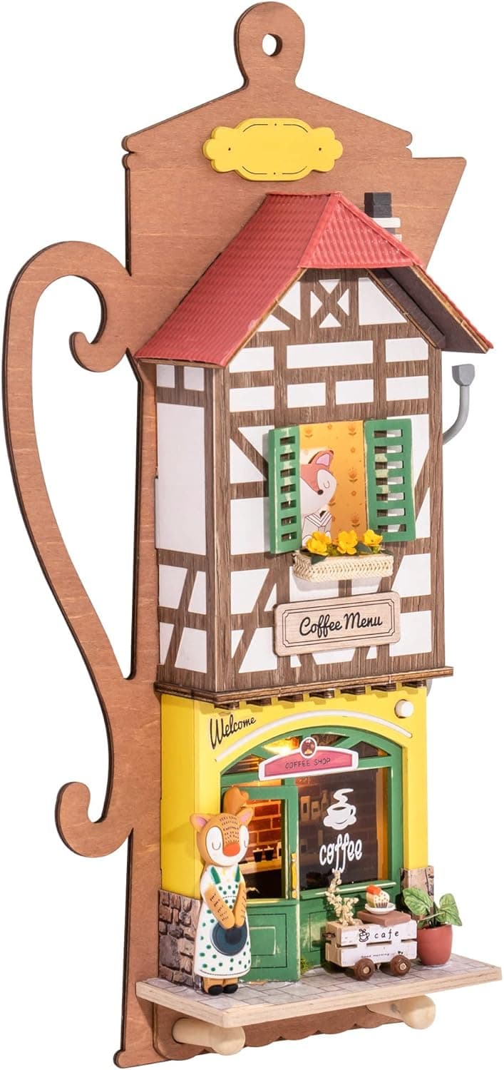 Rowood 3D Puzzles for Adults, DIY Wall Decor Model Building Kit, Collectible Desk Toy with LED, Birthday for Teens Kids- Lazy Coffee House