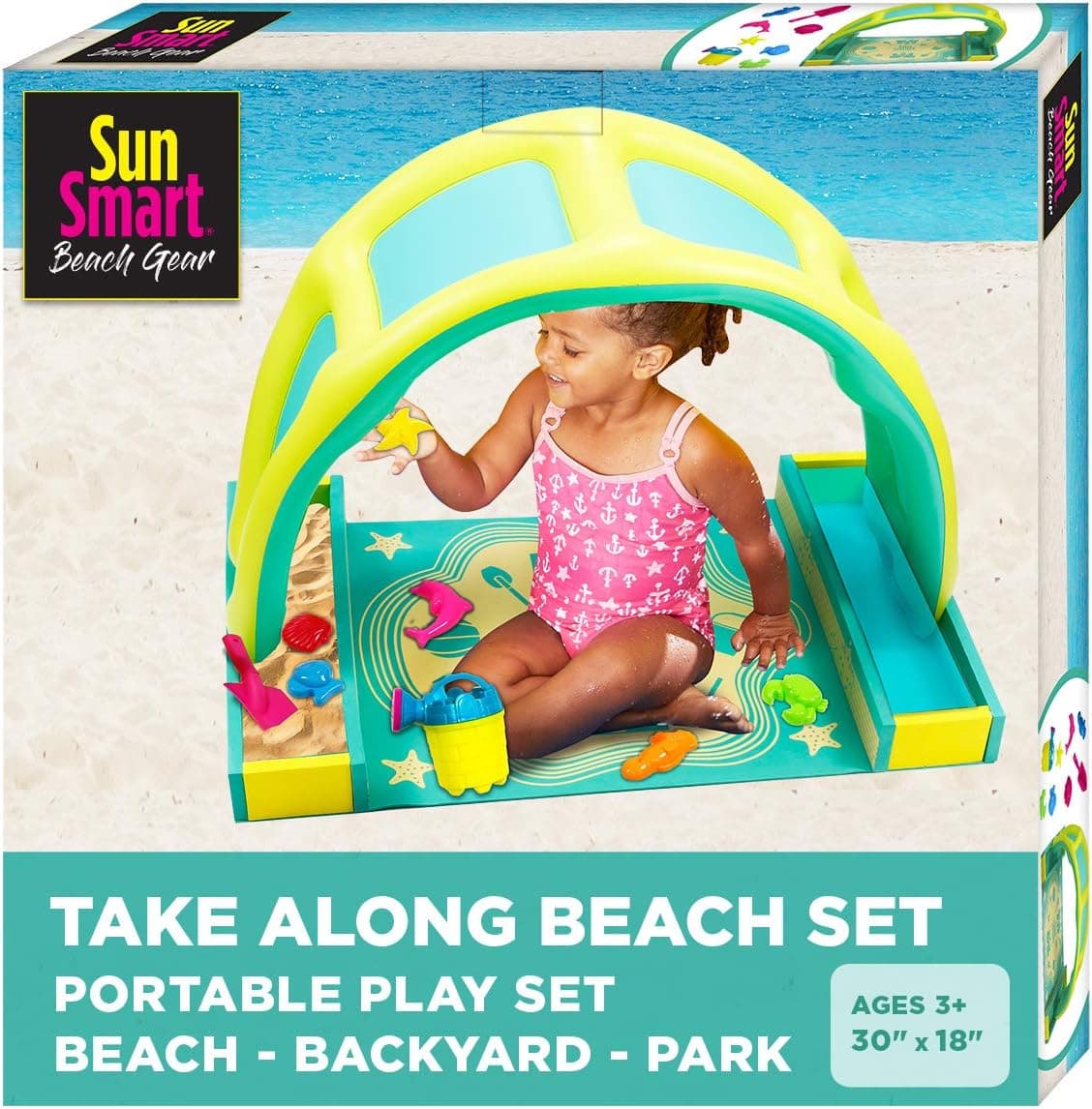 SunSmart Kiddie Indoor/Outdoor Activity Play Set, Portable Toy Playset with Eight (8) Toys, Pop-On Canopy, Take-Along Fun-Time Play-Time