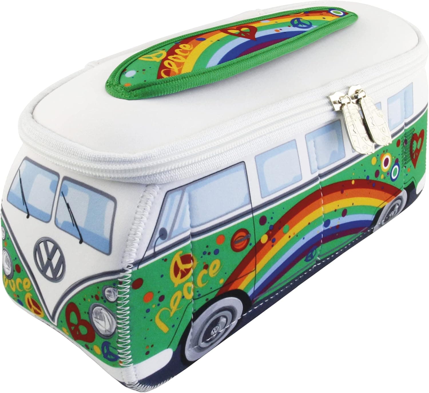 BRISA VW Collection - Volkswagen Neoprene Universal Bag for Makeup, Travel, Cosmetics in Samba Bus T1 Camper Van Design (Peace/Green/Large)