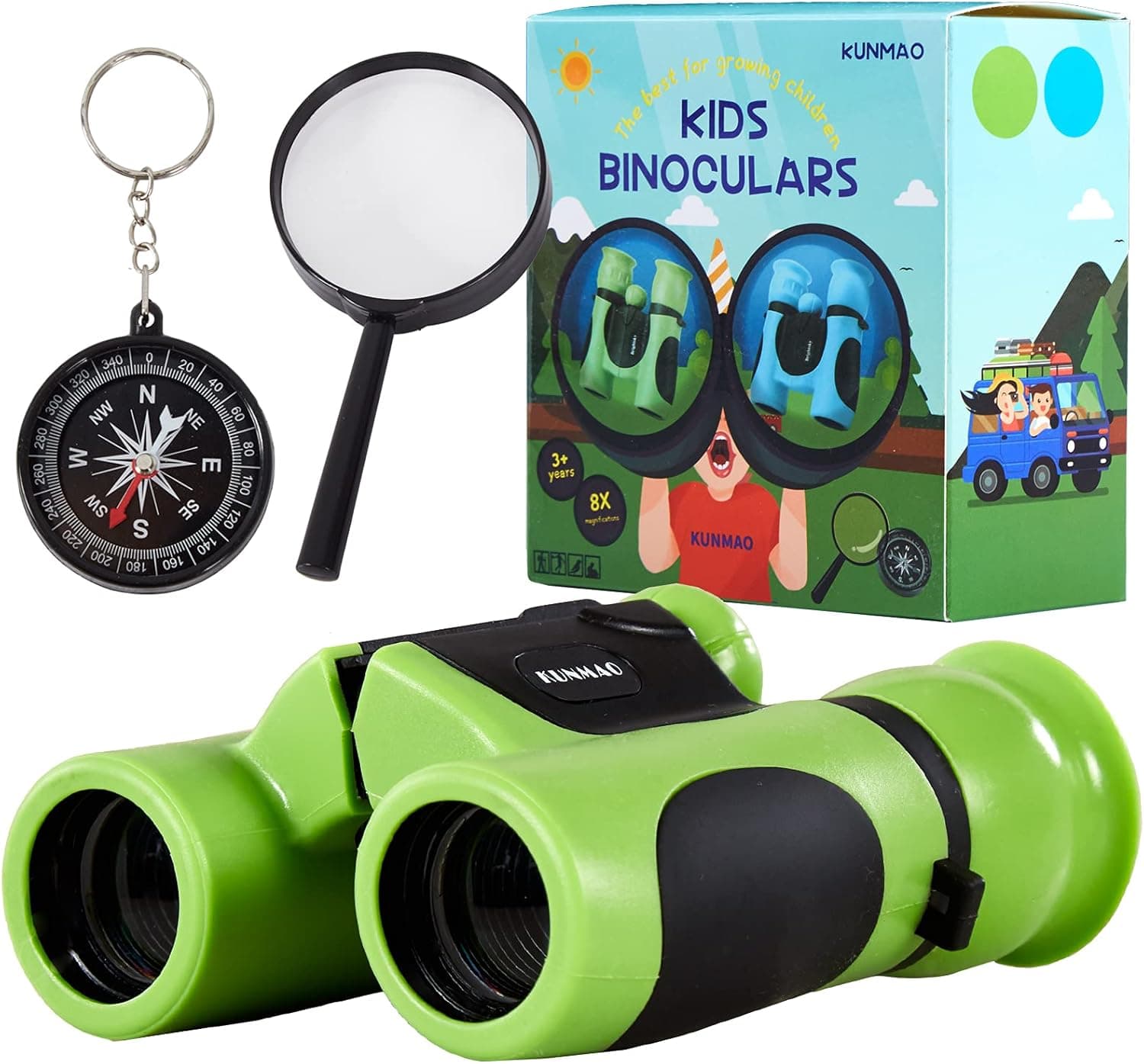 Binoculars for Kids, 8x21 Resolution, Mini Binoculars with Compass and Magnifying Glass for Spy Camping, Hiking, Compact Kids Binocular, Outdoor Exploration Educational Gifts for Boys and Girls-Green