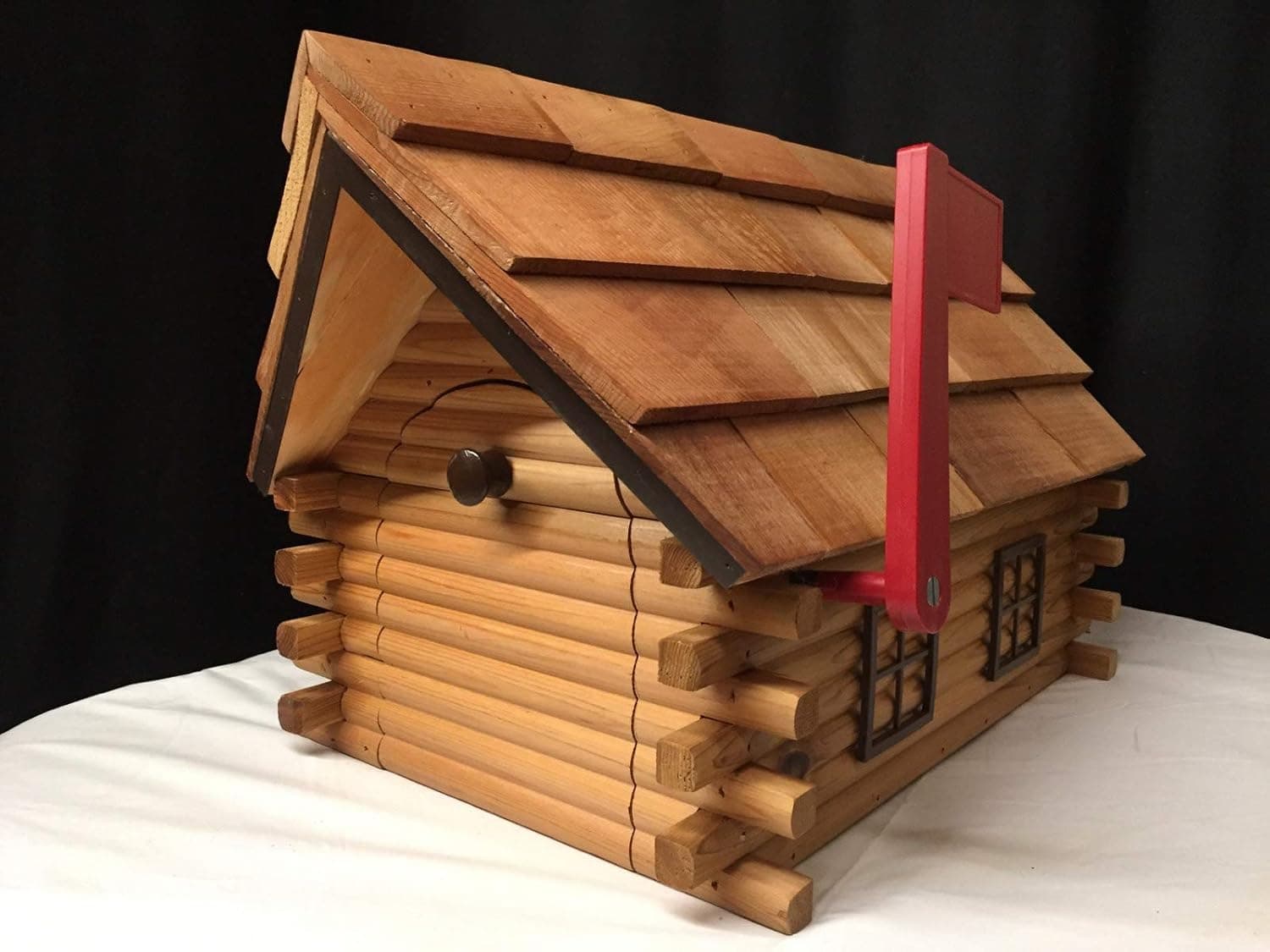 Amish Handmade Handcrafted Rural Mailbox w Flag Wood Roof Log Cabin Brown