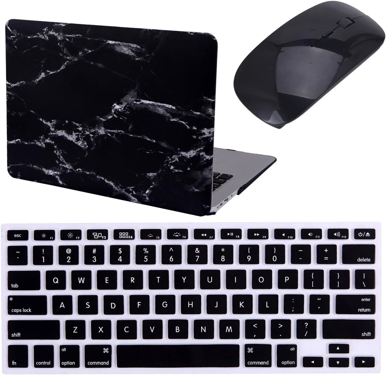 HDE Black and White Marble MacBook Air 13" Case Hard Shell Cover + Silicone Keyboard Skin with Wireless Optical Mouse - Fits Model A1369 / A1466