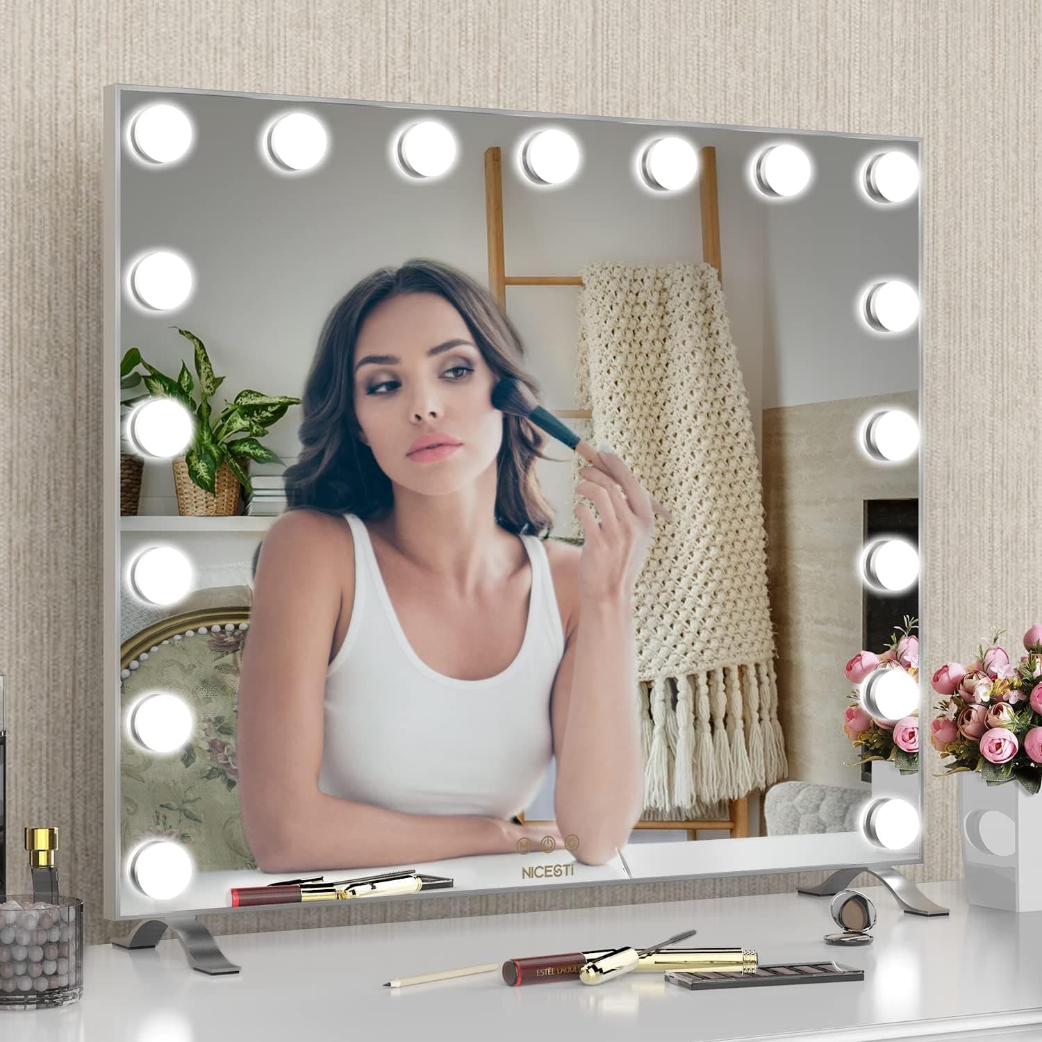 goteud Vanity Mirror with Lights, 24"×21" Hollywood Lighted Large Makeup Mirror with 17 Dimmer LED Bulbs for Dressing Room & Bedroom, Slim Aluminum Frame Design, Tabletop or Wall-Mounted