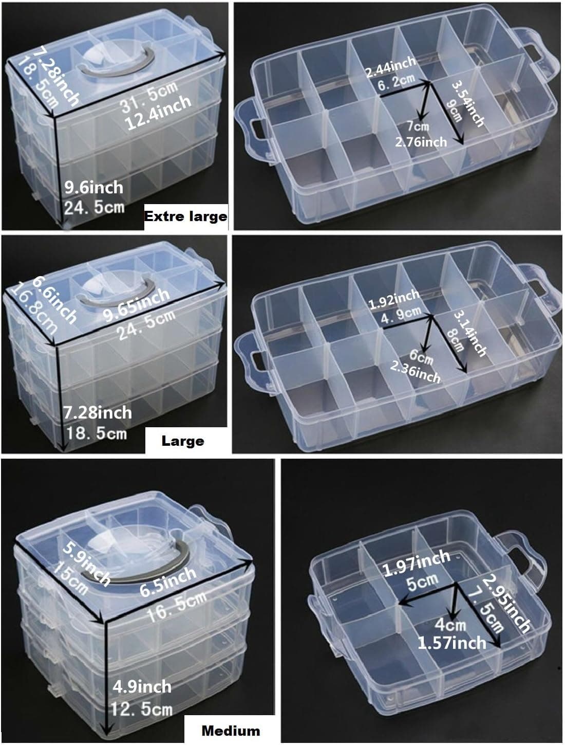 Kamay's Extra Large 3 Tier Stackable Adjustable Compartment Slot Bead Craft Jewellery Tool Storage Organiser Snap-lock Tray Container, with 30 Compartments, Container Box, Blue