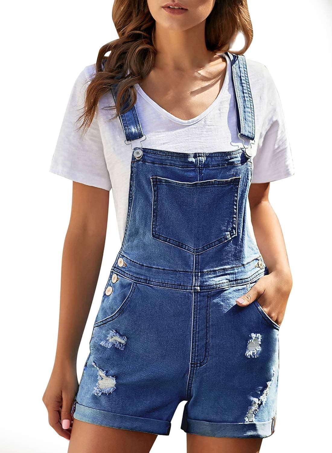 Vetinee Womens Pocket Denim Overalls Shorts Adjustable Cuffed Hem Jean Shortalls