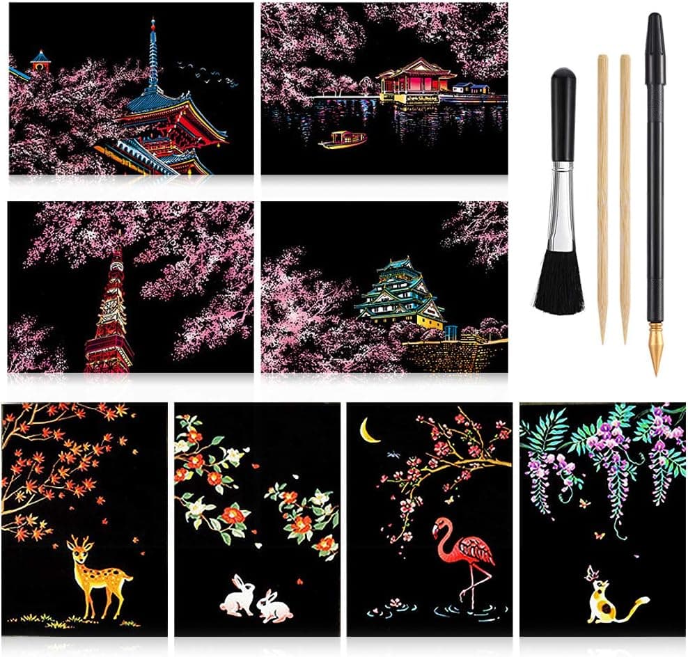 Scratch Paper Art Set, 8 Sheets Rainbow Painting Scratch Off Art Cherry Blossom & Animal Mini Postcard, Art Craft Supplies for Adults Girls & Boys Thanksgiving Christmas Birthday Party Game Gift