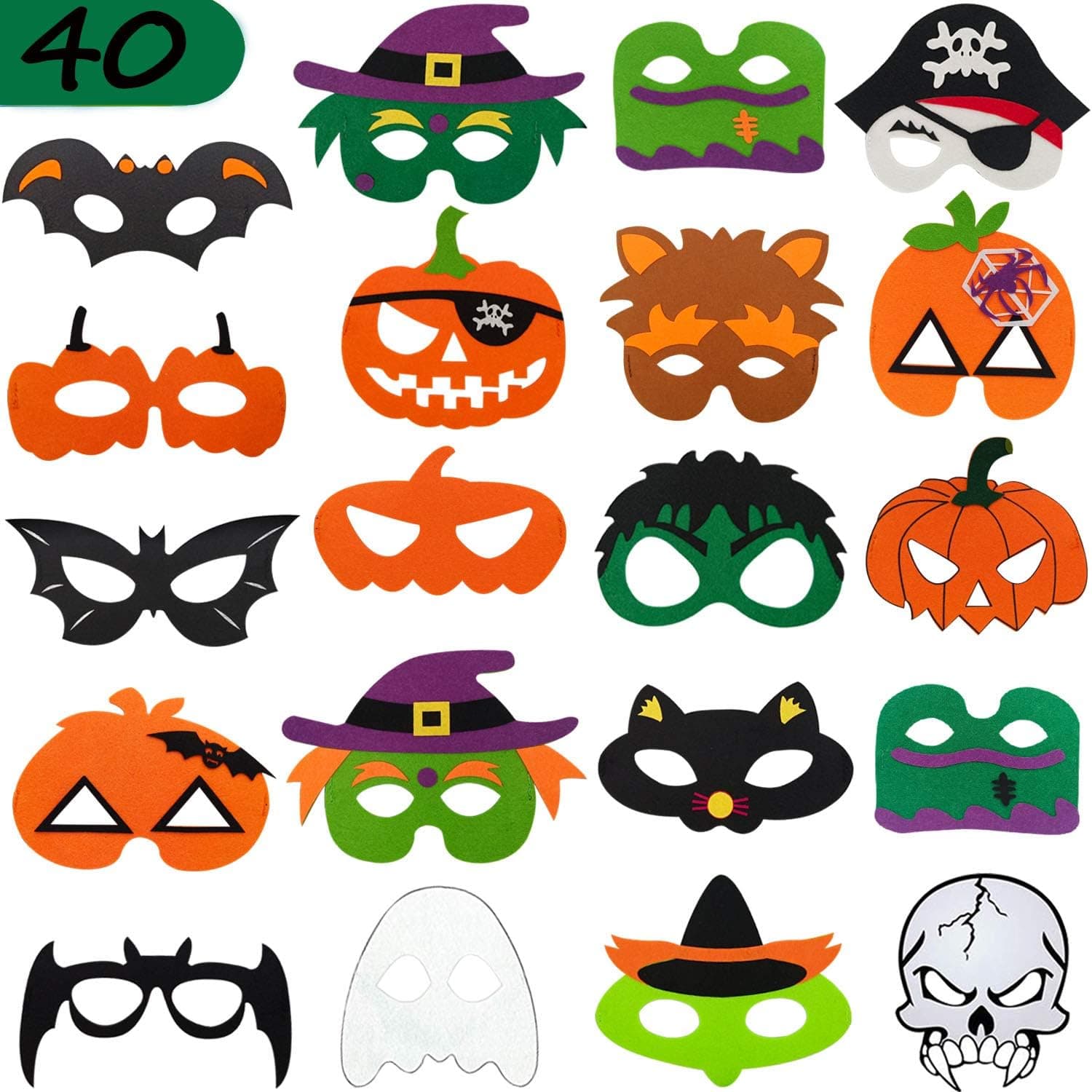 OKEPS 40 Piece Halloween Felt Masks for Kids, Halloween Carnival Them Party Favors Decorations, Kids Novelty Dress-up Party Accessory, Assorted Styles with Pumpkin, Ghost, Bat, Spider, and Witch ect.