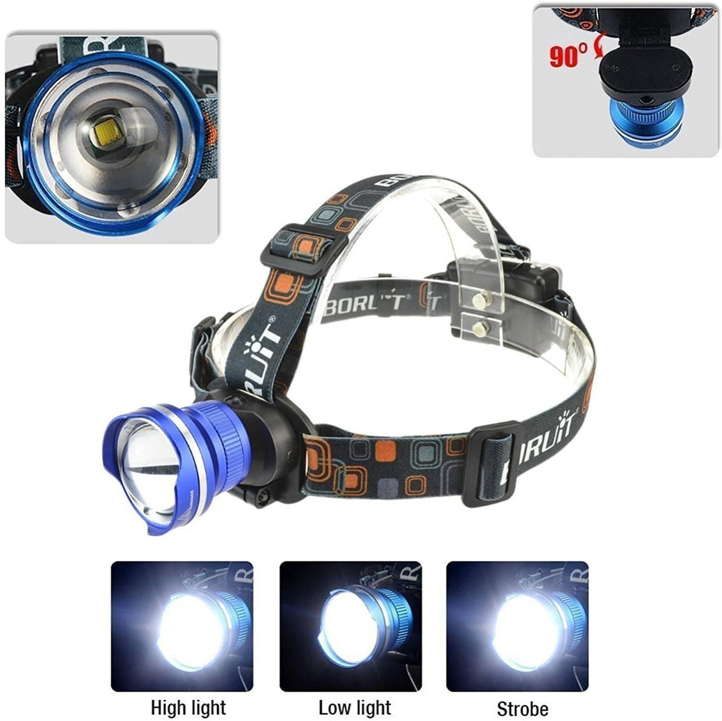 {Rechargeable Zoomable 3 Modes }CREE XM-L T6 Led Headlamp +2x18650 Rechargeable Batteries+ Wall Charger+Car Charger+ Special USB Cable for Head Lamp ; Perfect for Working ,Camping, Hunting-Light Weight &Comfortable-One Year Warranty(Black)