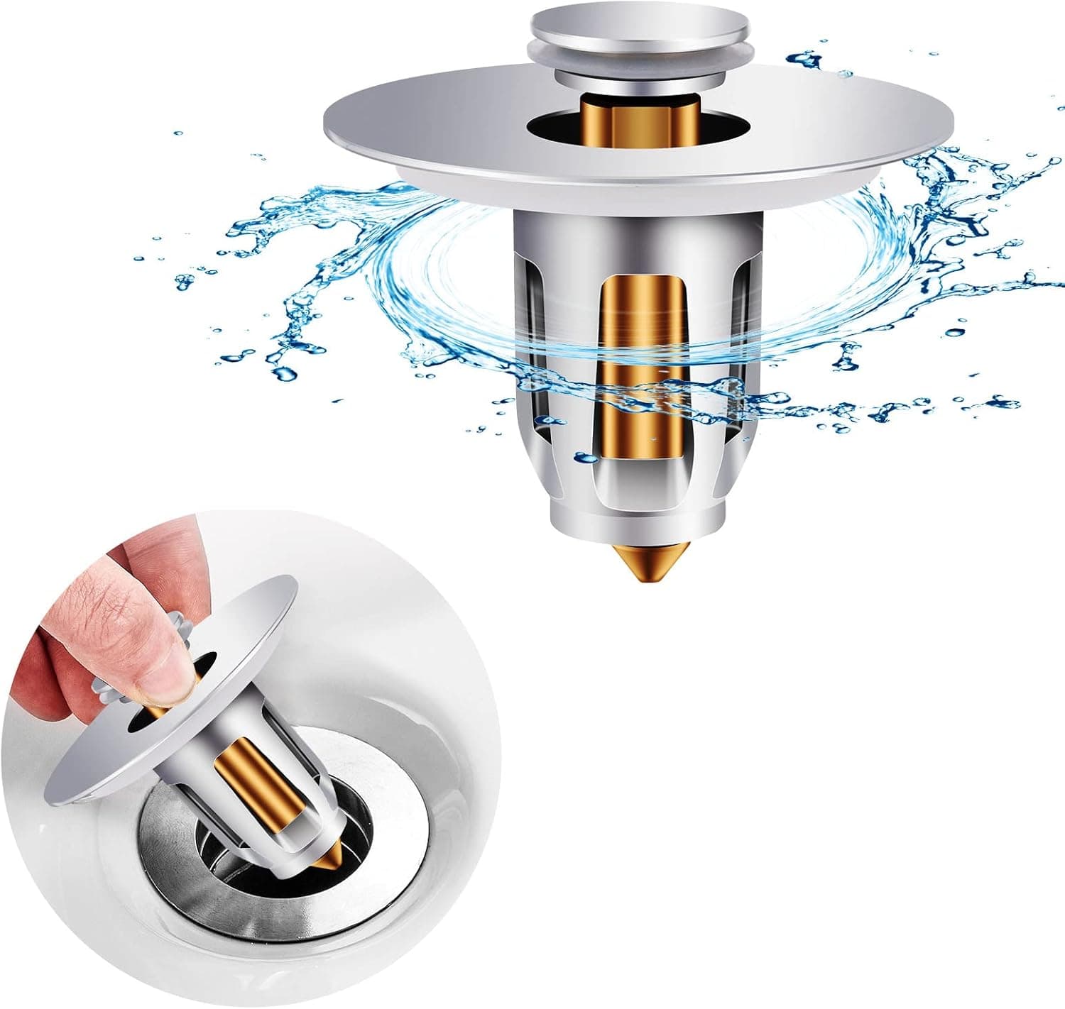 Vickes Bathroom Sink Stopper Sink Drain Plug, Universal Basin Pop-up Drain Filter Push Type Sink Drain Stopper Bathtub Plug, No Overflow Bathtub Drain Plug with Basket for 1.02~1.96'' Drain Holes